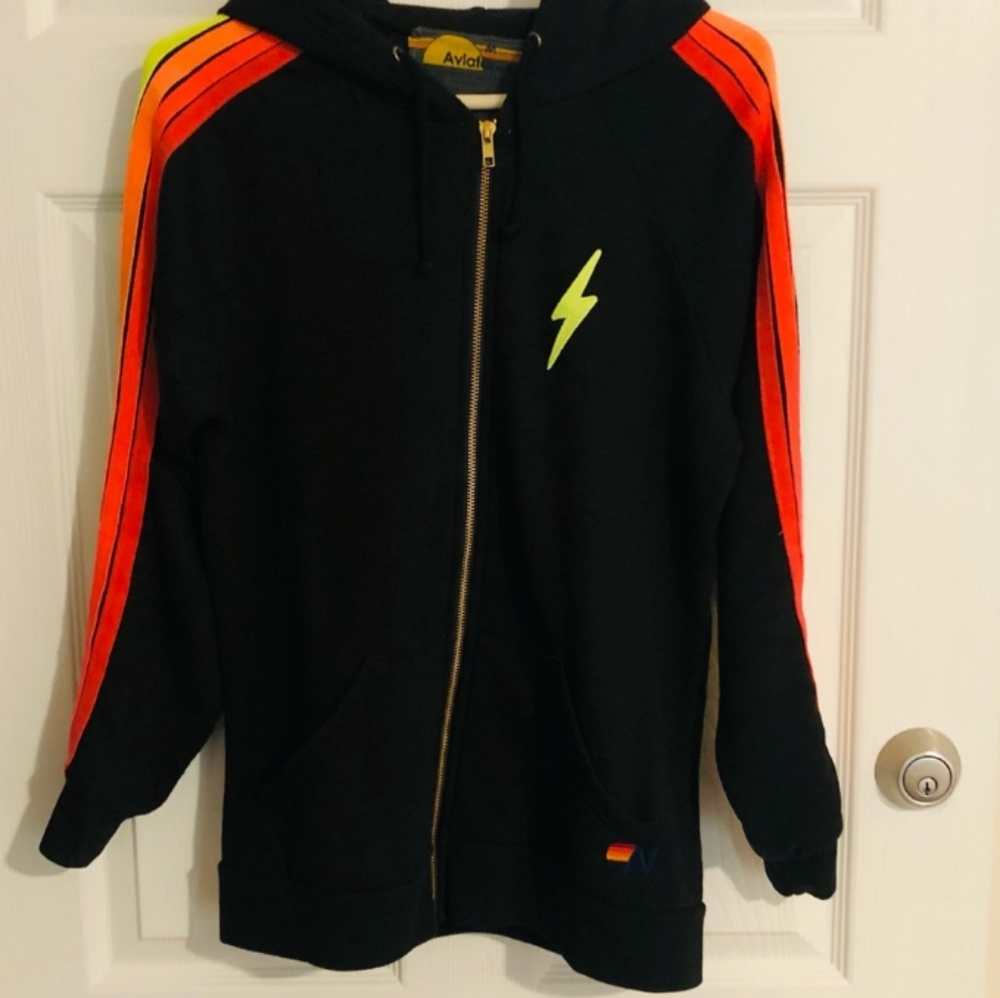 ISO Aviator Nation Black Neon Striped Hooded Sweatshirt Medium or Large